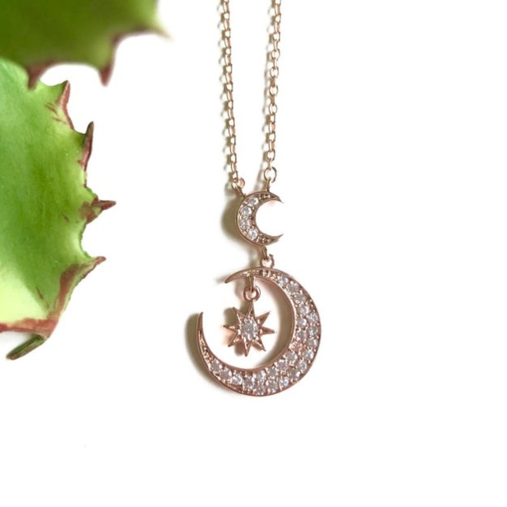 Crescent Moon & Star Rose Gold Gem Charm Necklace